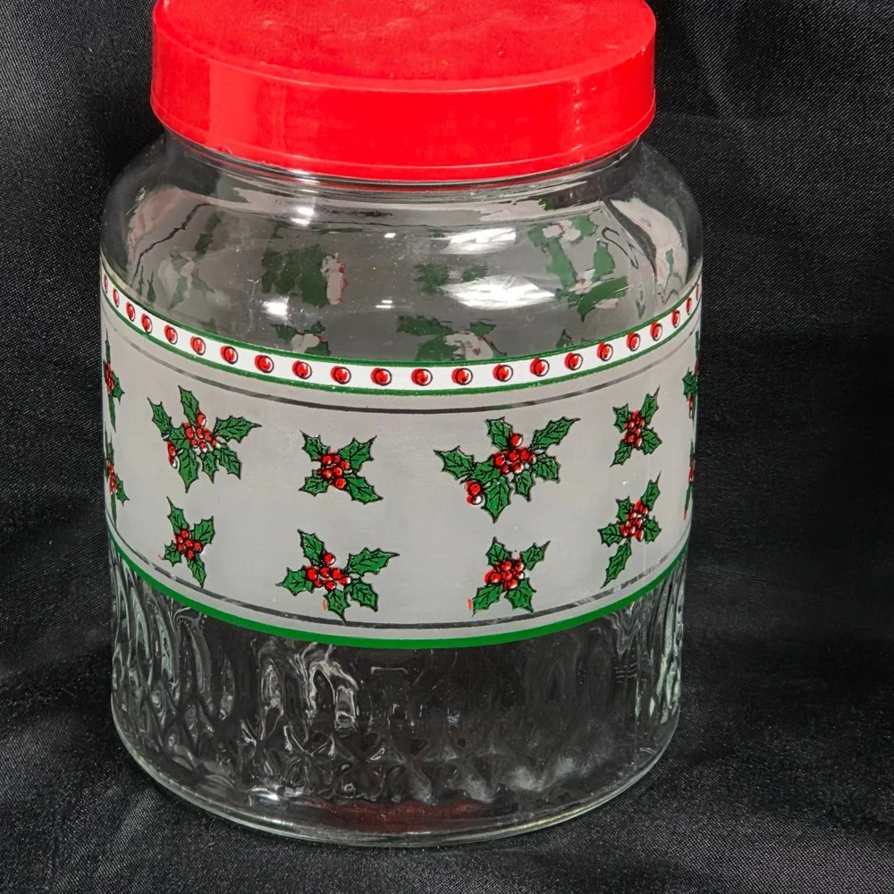 Set of 2 Vintage Christmas Holly Glass‎ Jars Red Lids Kitchen Storage Canisters